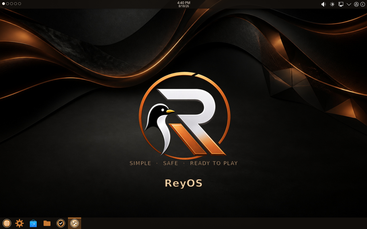 ReyOS desktop with the Midnight Copper wallpaper