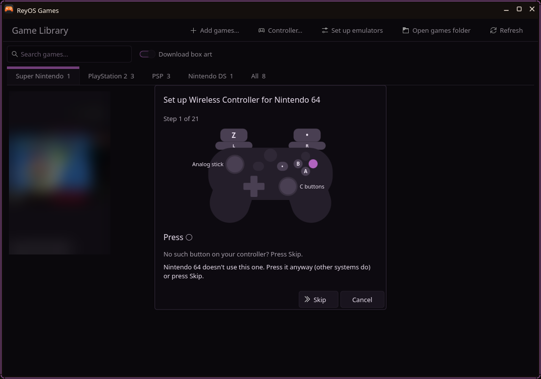 ReyOS Games library with the controller setup for Nintendo 64 open
