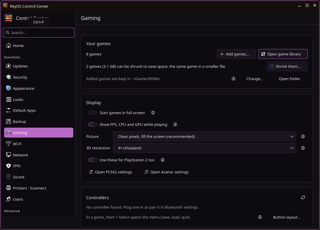 Control Center Gaming page with Your games, Display and Controllers